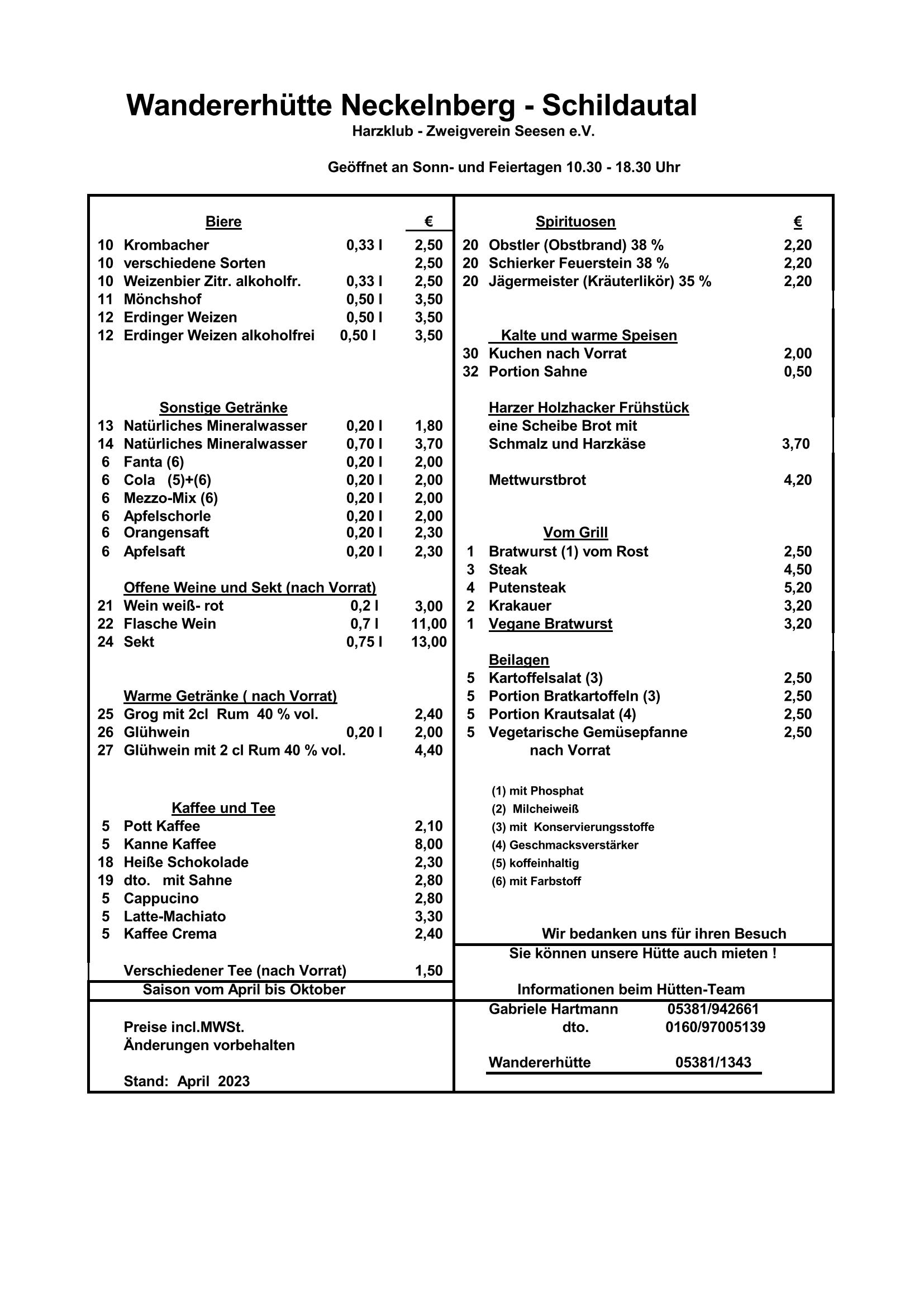 Preisliste 2023